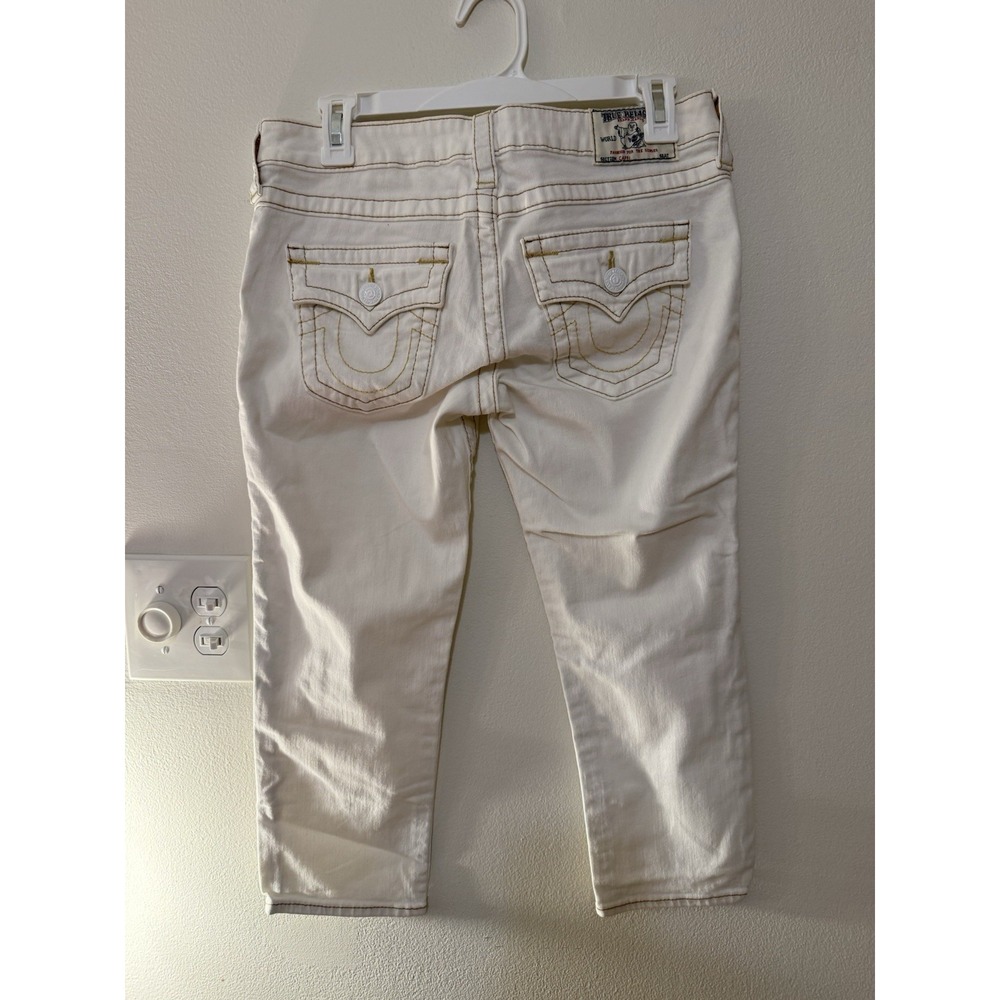 True Religion White Brown Gold Stitching Capri Jeans Size 28 NWOT - Picture 3 of 4